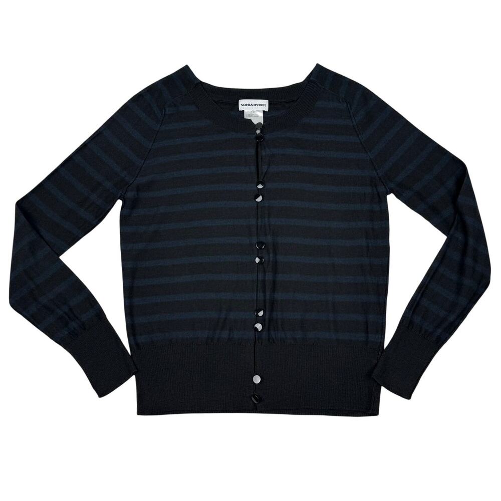 Sonia Rykiel Striped Cardigan Wool Silk Cashmere Navy Black Size 44 Nautical